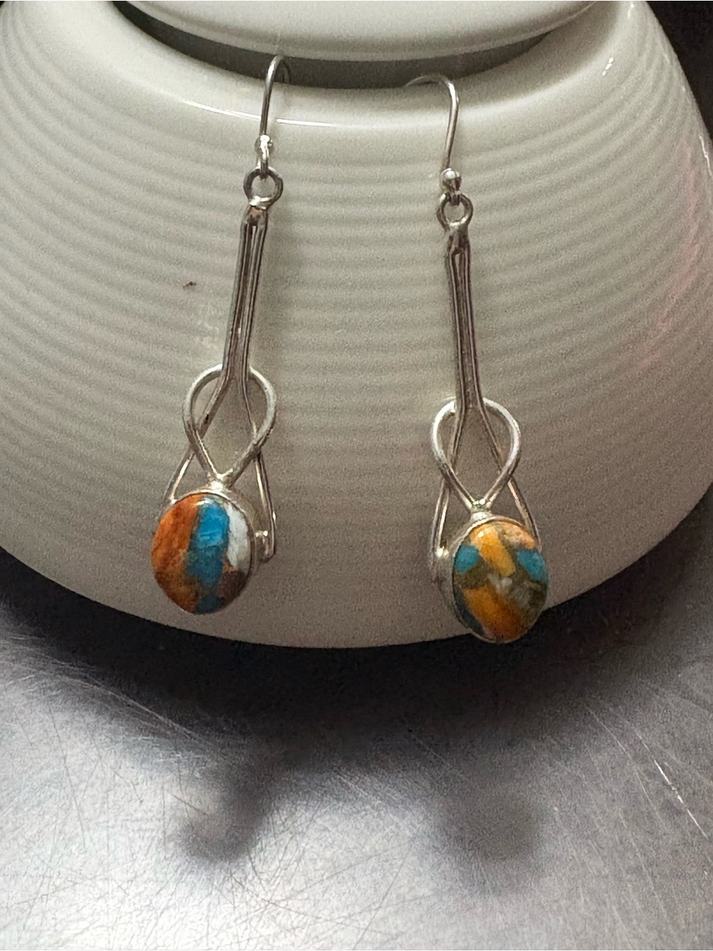 Silver Drop Earrings with Blue and Orange spiny oyster stones